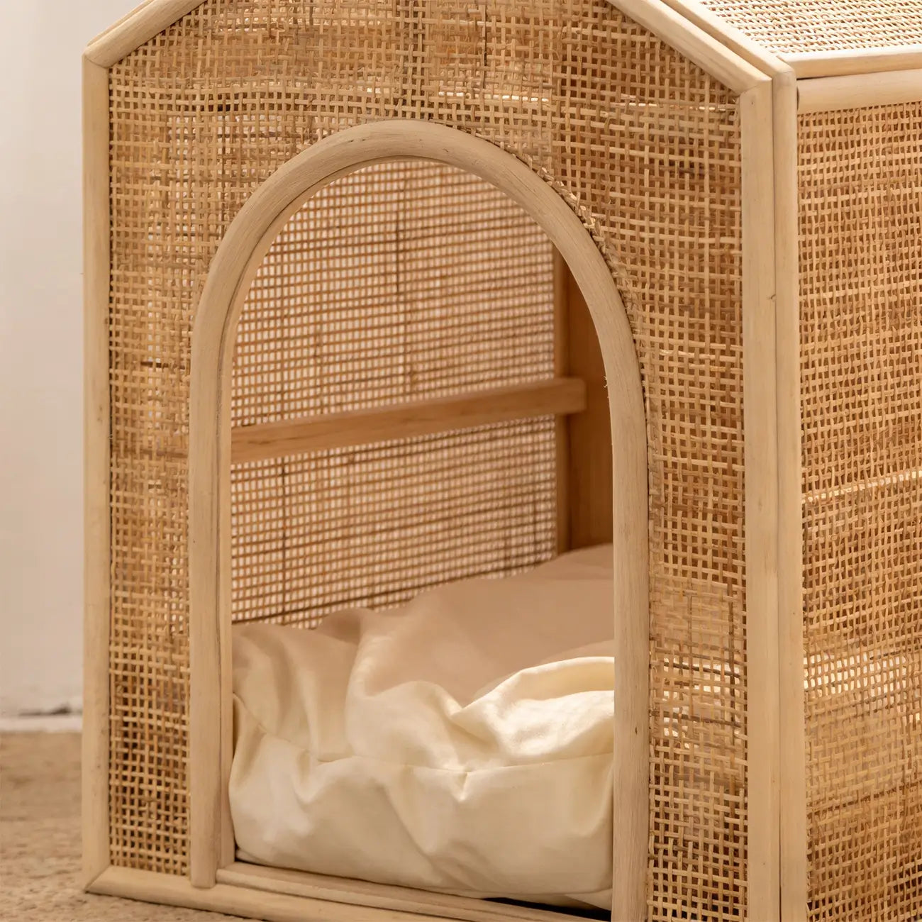 Boho Rattan Cat House  Elevated Wooden Frame Pet Cave with Removable Cushion