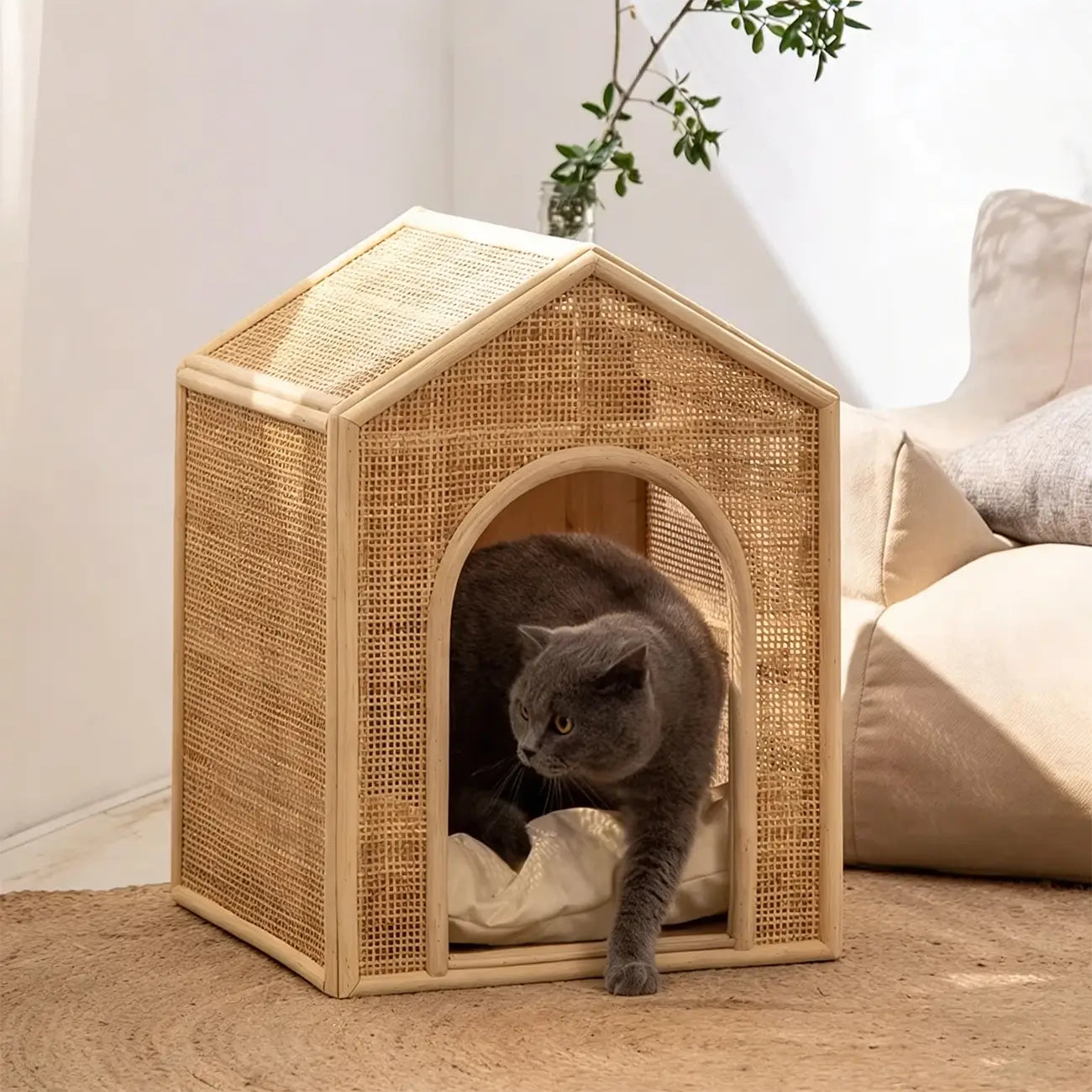 Boho Rattan Cat House  Elevated Wooden Frame Pet Cave with Removable Cushion