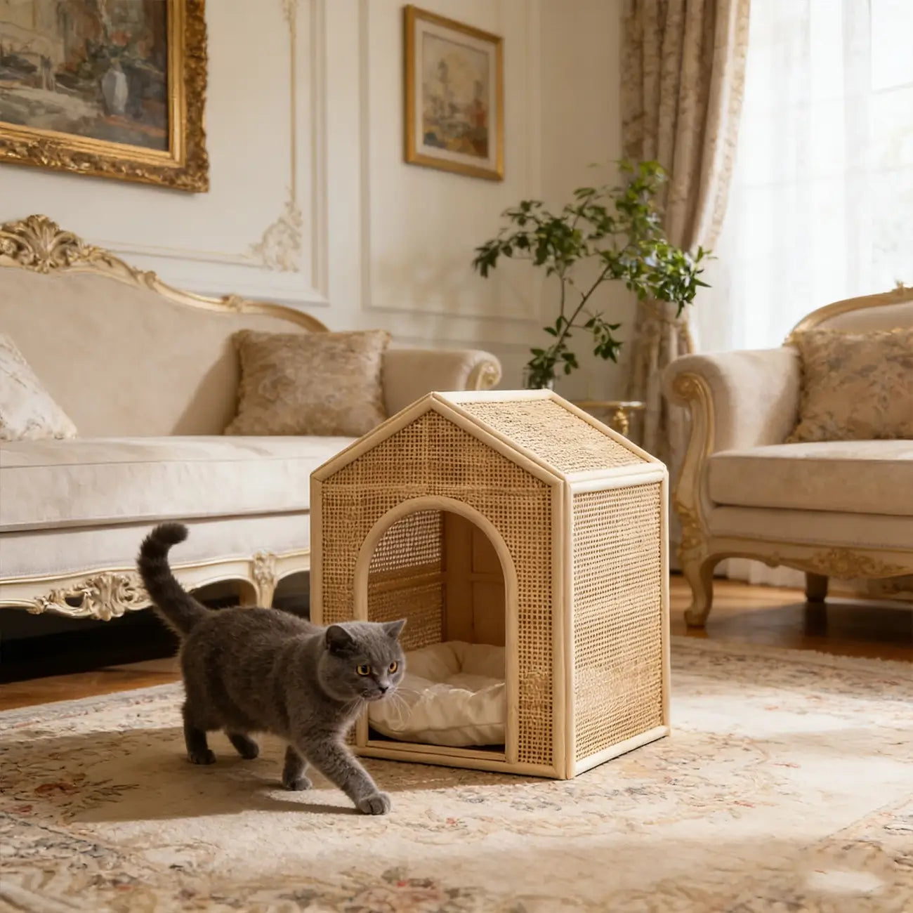 Boho Rattan Cat House  Elevated Wooden Frame Pet Cave with Removable Cushion