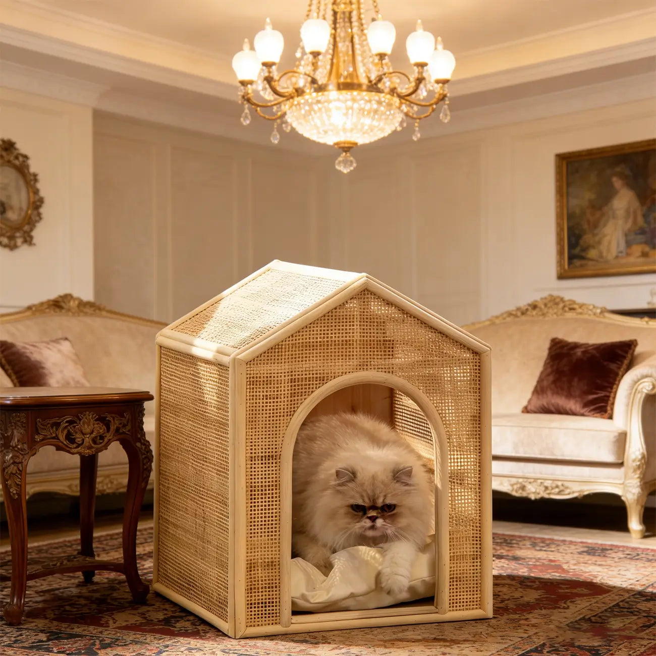 Boho Rattan Cat House  Elevated Wooden Frame Pet Cave with Removable Cushion