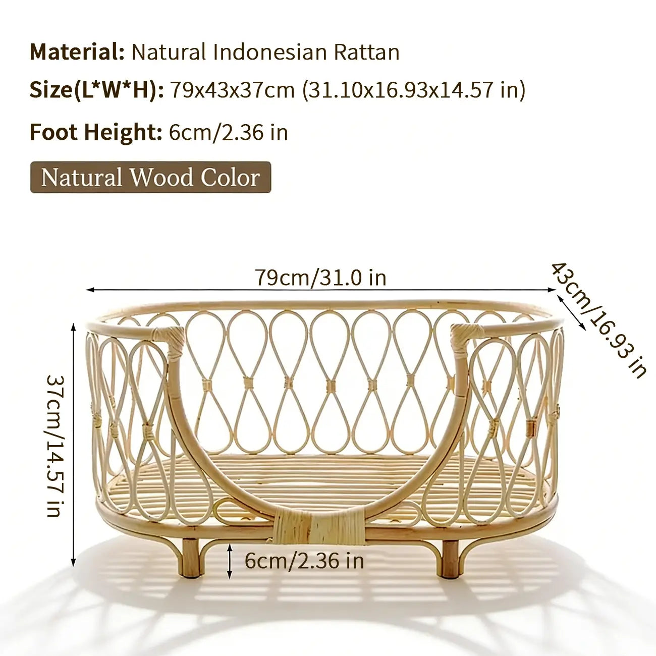 Boho Rattan Pet Bed  Cradle-Style for Small to Medium Dogs & Cats with Removable Cushion