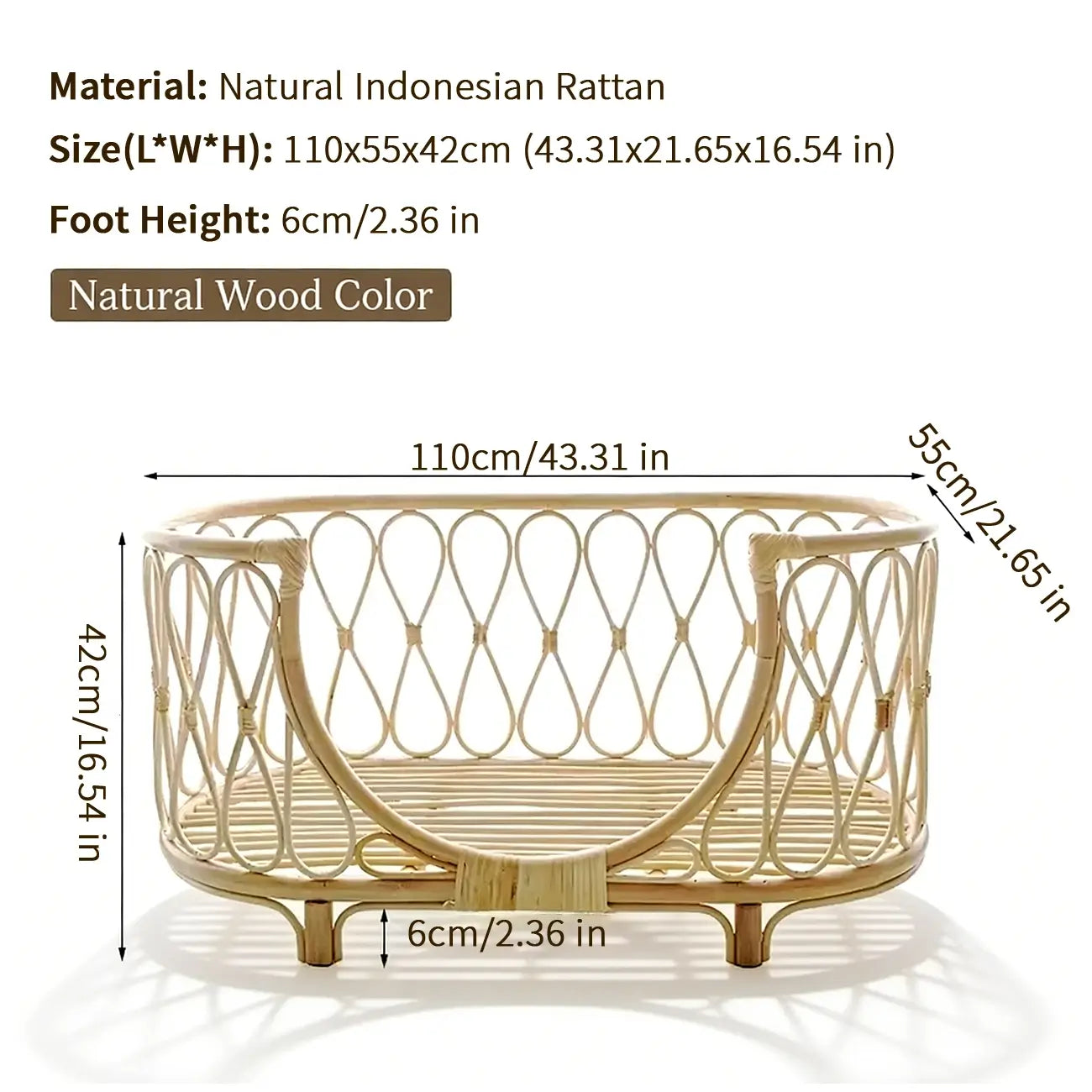 Boho Rattan Pet Bed  Cradle-Style for Small to Medium Dogs & Cats with Removable Cushion