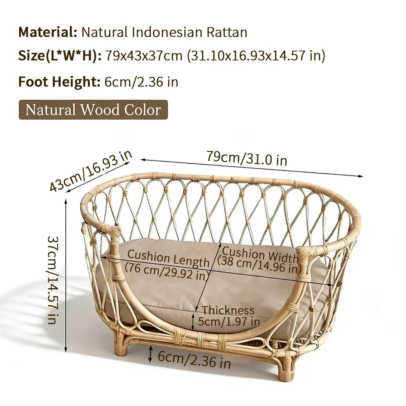 Boho Rattan Pet Bed  Cradle-Style for Small to Medium Dogs & Cats with Removable Cushion