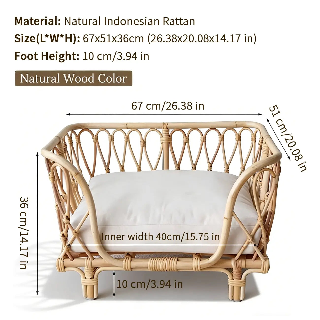 Boho Rattan Pet Bed  Cradle-Style for Small to Medium Dogs & Cats with Removable Cushion