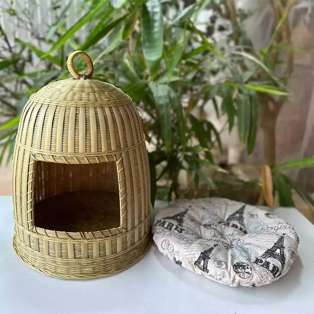 Handmade Bamboo Cat Bed  Enclosed All-Season Pet House with Cushion