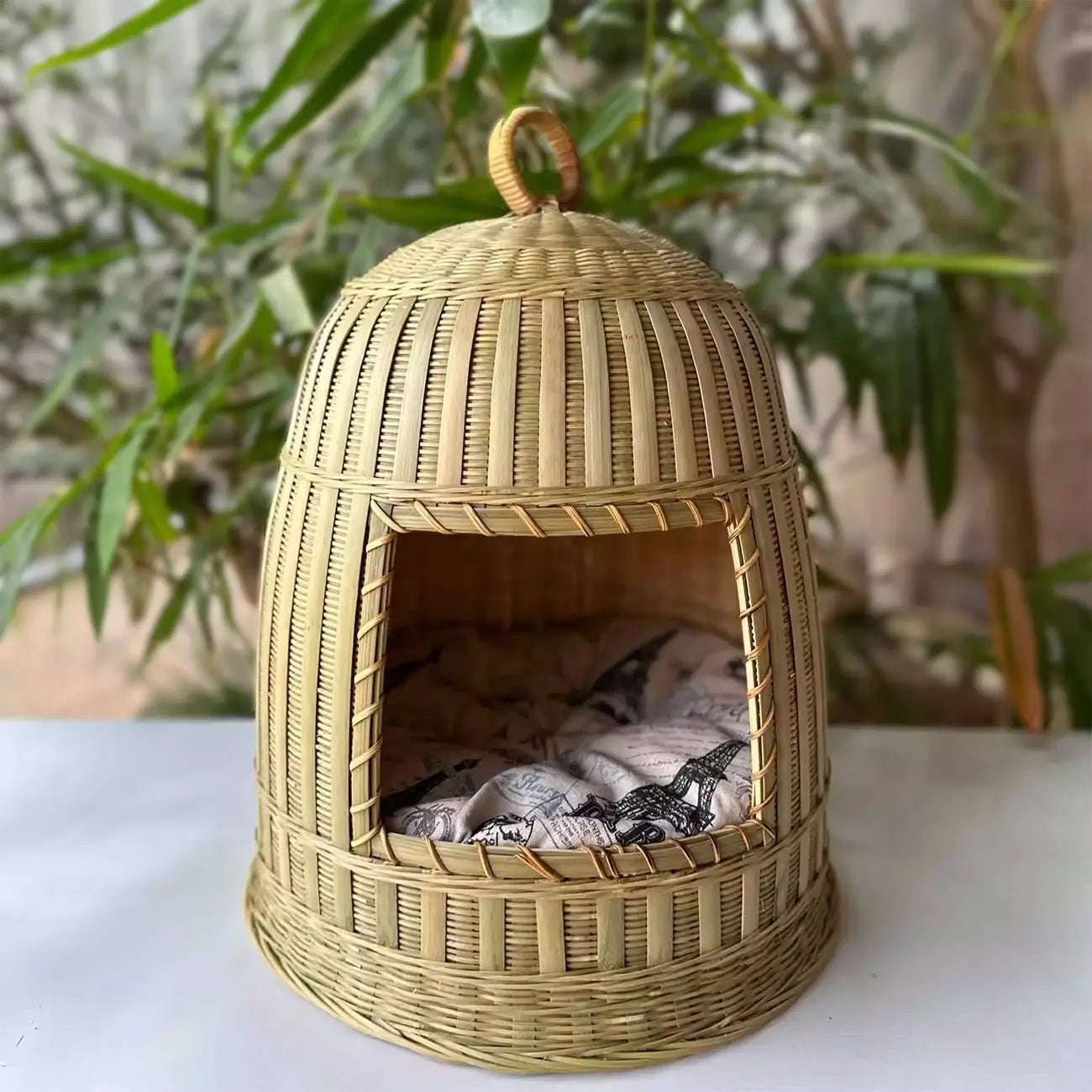 Handmade Bamboo Cat Bed  Enclosed All-Season Pet House with Cushion