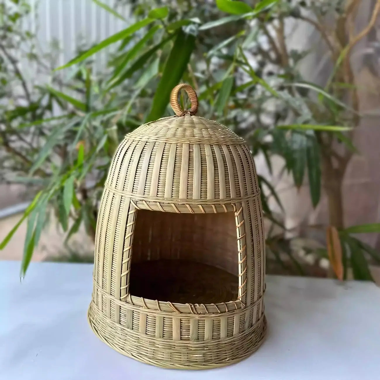 Handmade Bamboo Cat Bed  Enclosed All-Season Pet House with Cushion