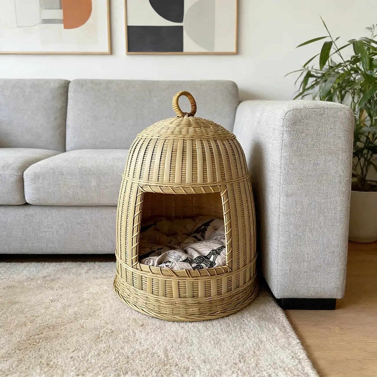 Handmade Bamboo Cat Bed  Enclosed All-Season Pet House with Cushion