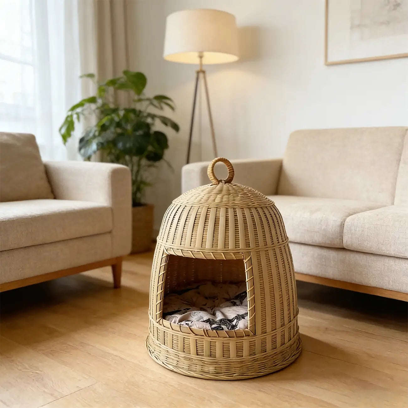Handmade Bamboo Cat Bed  Enclosed All-Season Pet House with Cushion