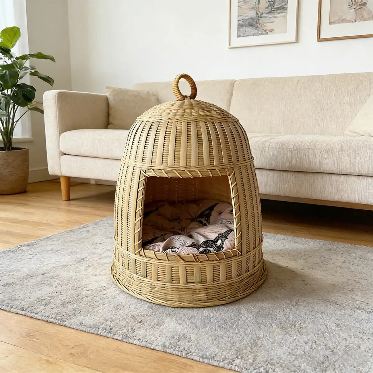 Handmade Bamboo Cat Bed  Enclosed All-Season Pet House with Cushion