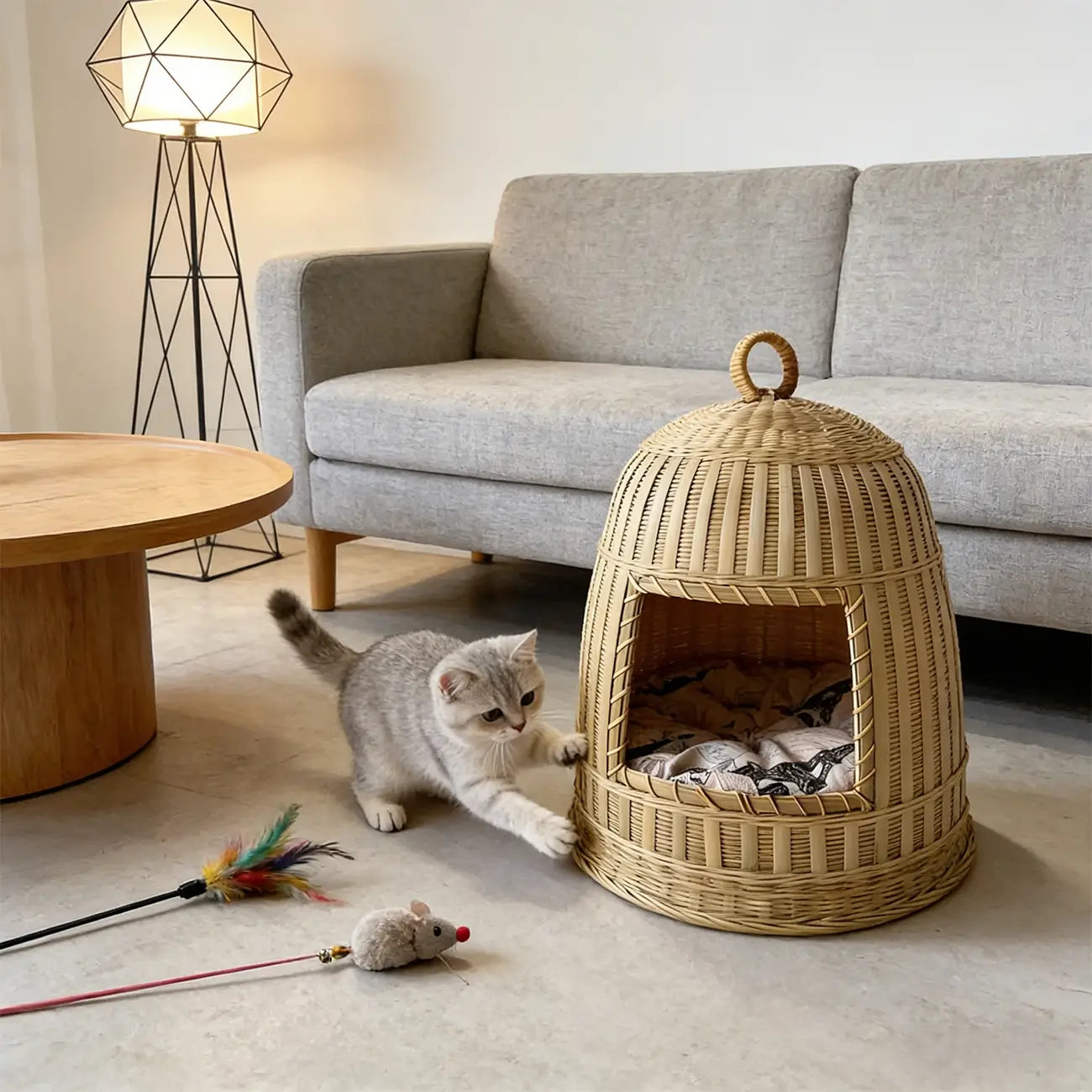Handmade Bamboo Cat Bed  Enclosed All-Season Pet House with Cushion
