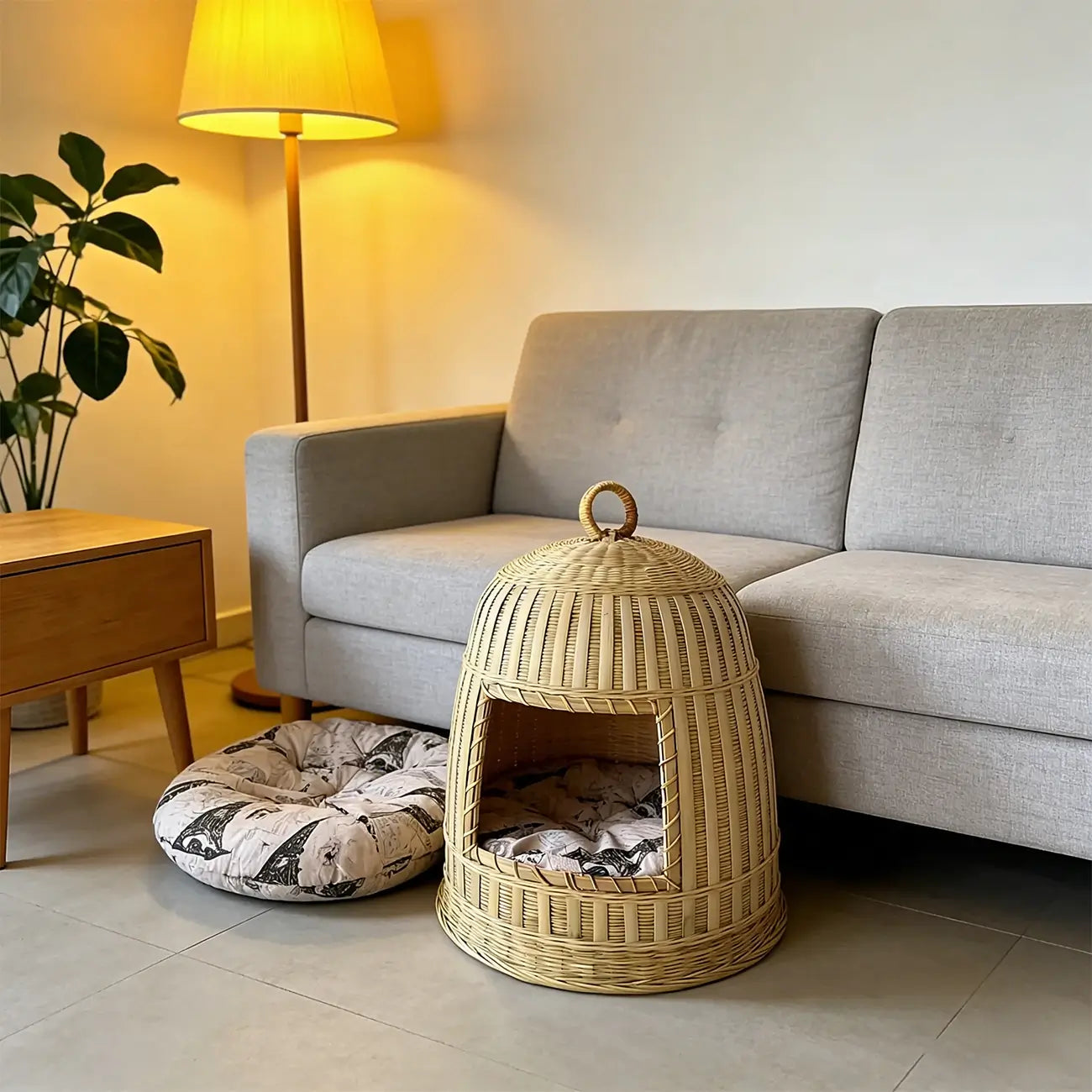 Handmade Bamboo Cat Bed  Enclosed All-Season Pet House with Cushion
