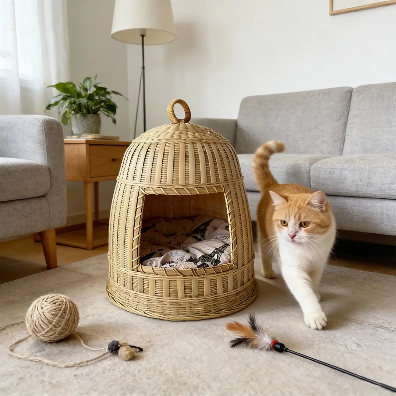 Handmade Bamboo Cat Bed  Enclosed All-Season Pet House with Cushion