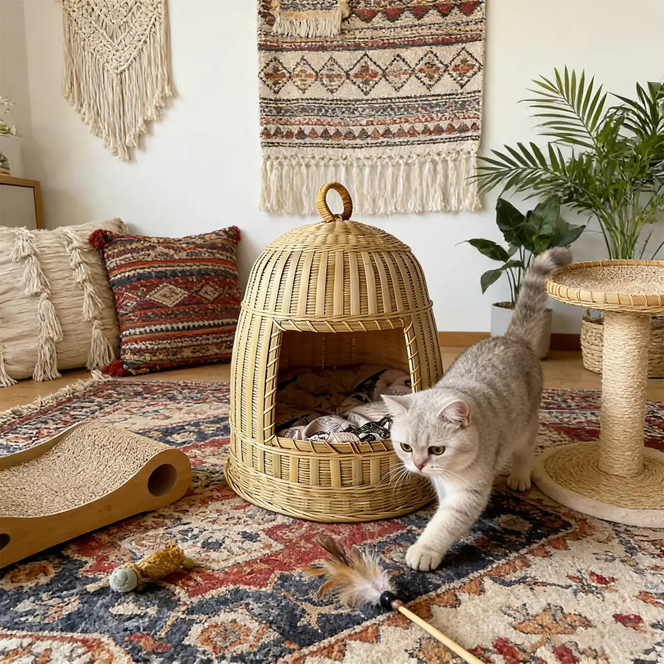 Handmade Bamboo Cat Bed  Enclosed All-Season Pet House with Cushion
