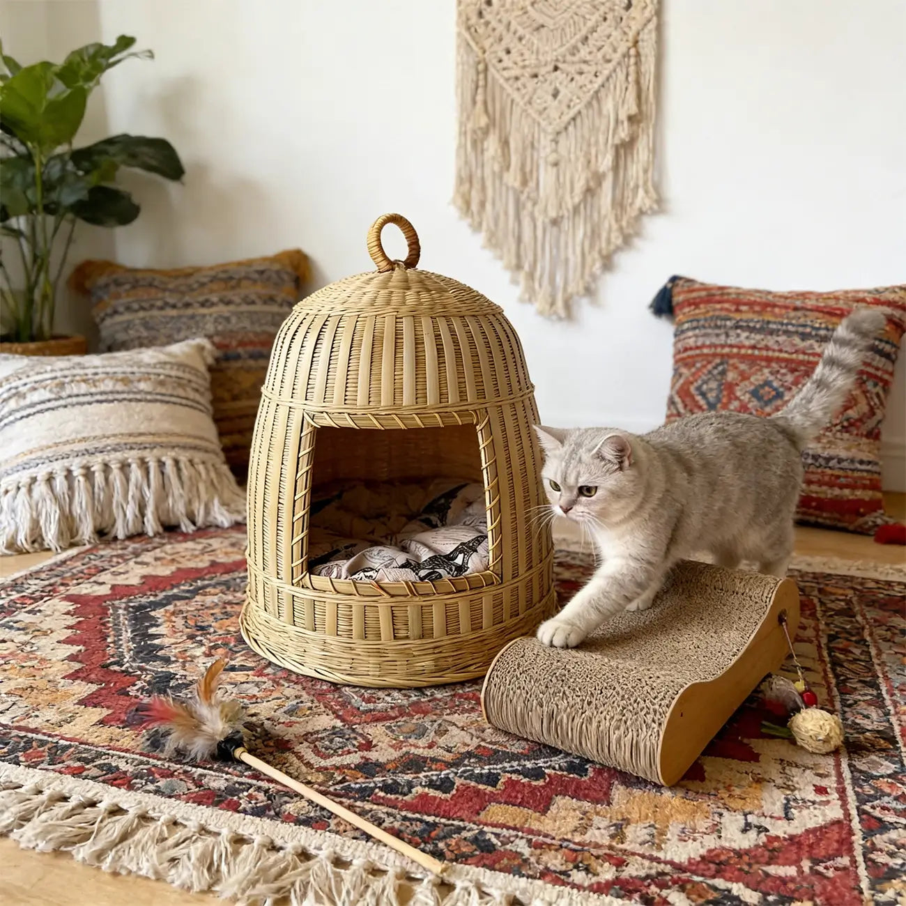 Handmade Bamboo Cat Bed  Enclosed All-Season Pet House with Cushion