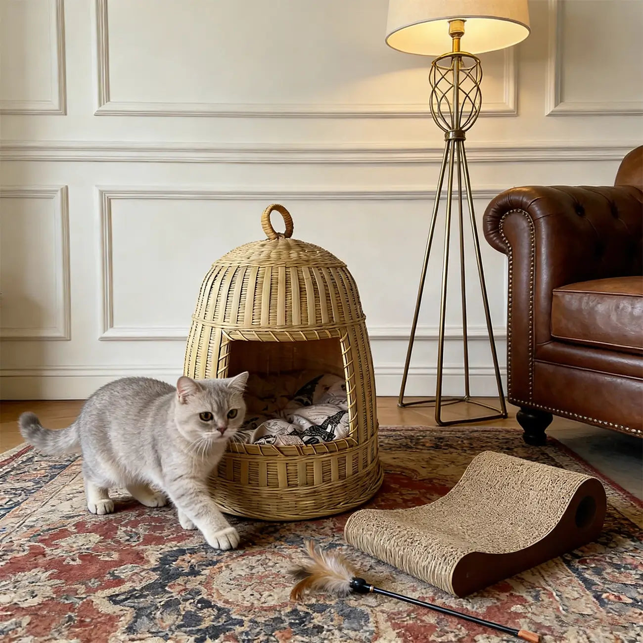 Handmade Bamboo Cat Bed  Enclosed All-Season Pet House with Cushion