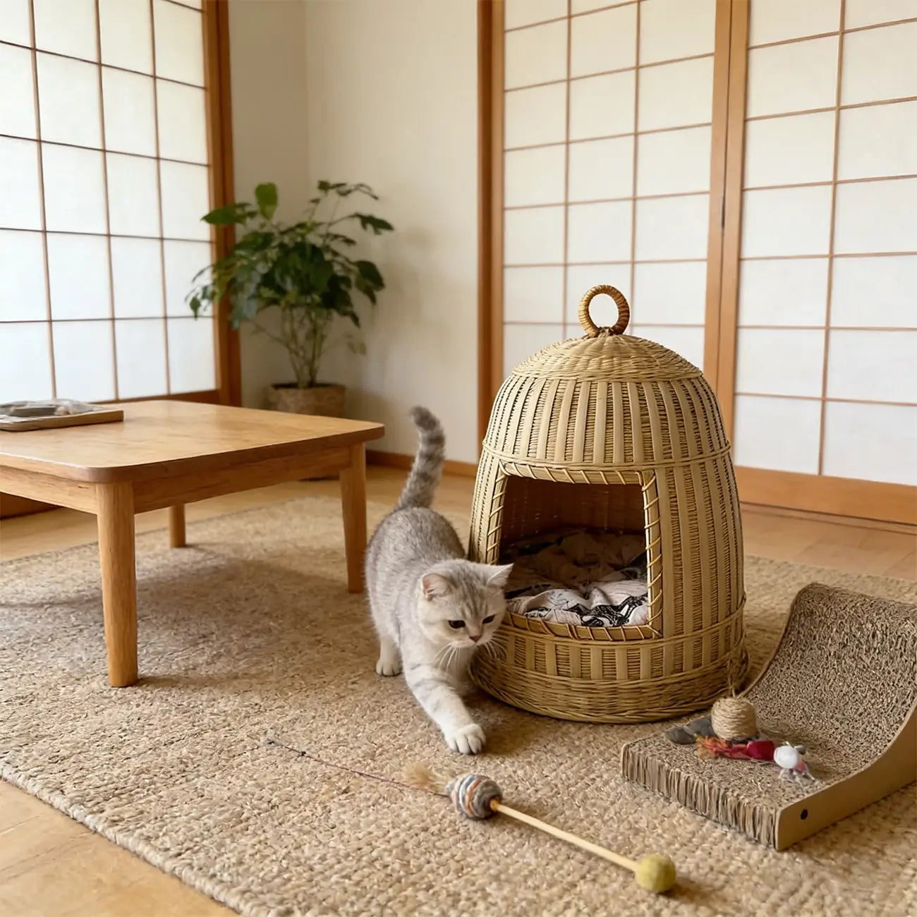 Handmade Bamboo Cat Bed  Enclosed All-Season Pet House with Cushion