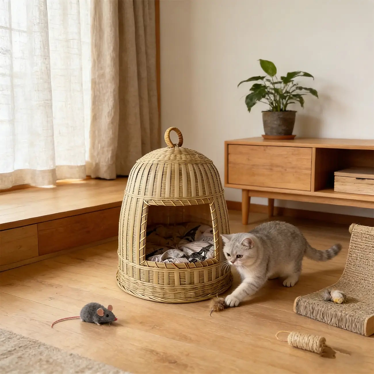 Handmade Bamboo Cat Bed  Enclosed All-Season Pet House with Cushion