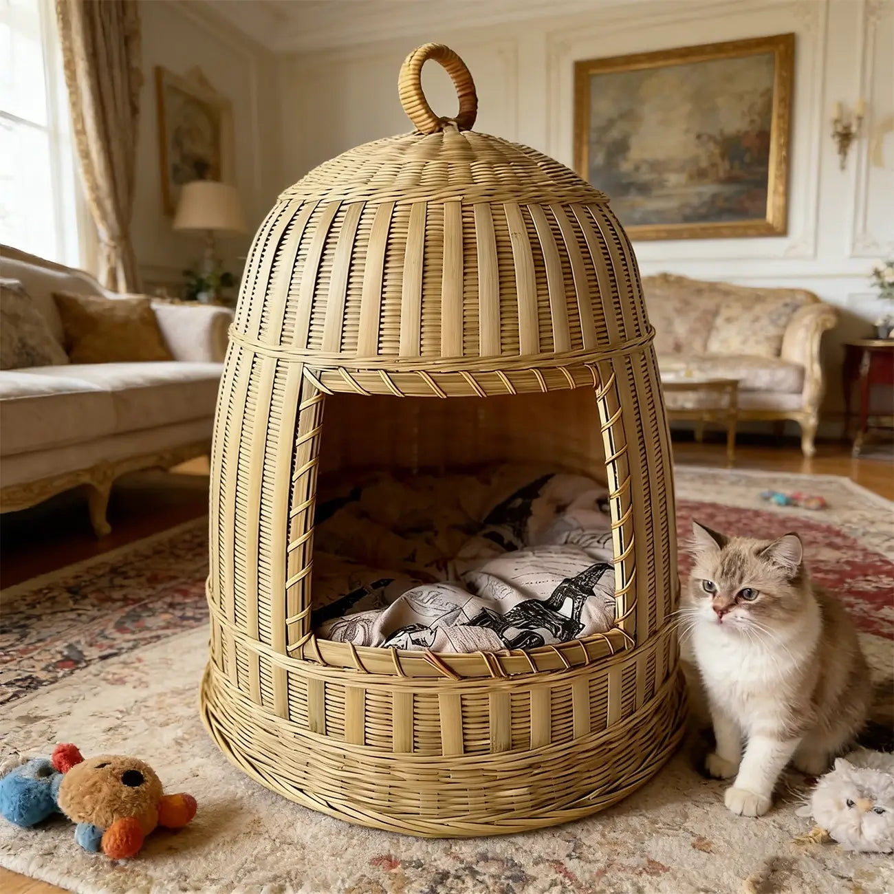 Handmade Bamboo Cat Bed  Enclosed All-Season Pet House with Cushion