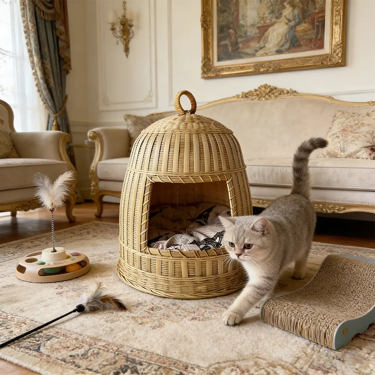 Handmade Bamboo Cat Bed  Enclosed All-Season Pet House with Cushion
