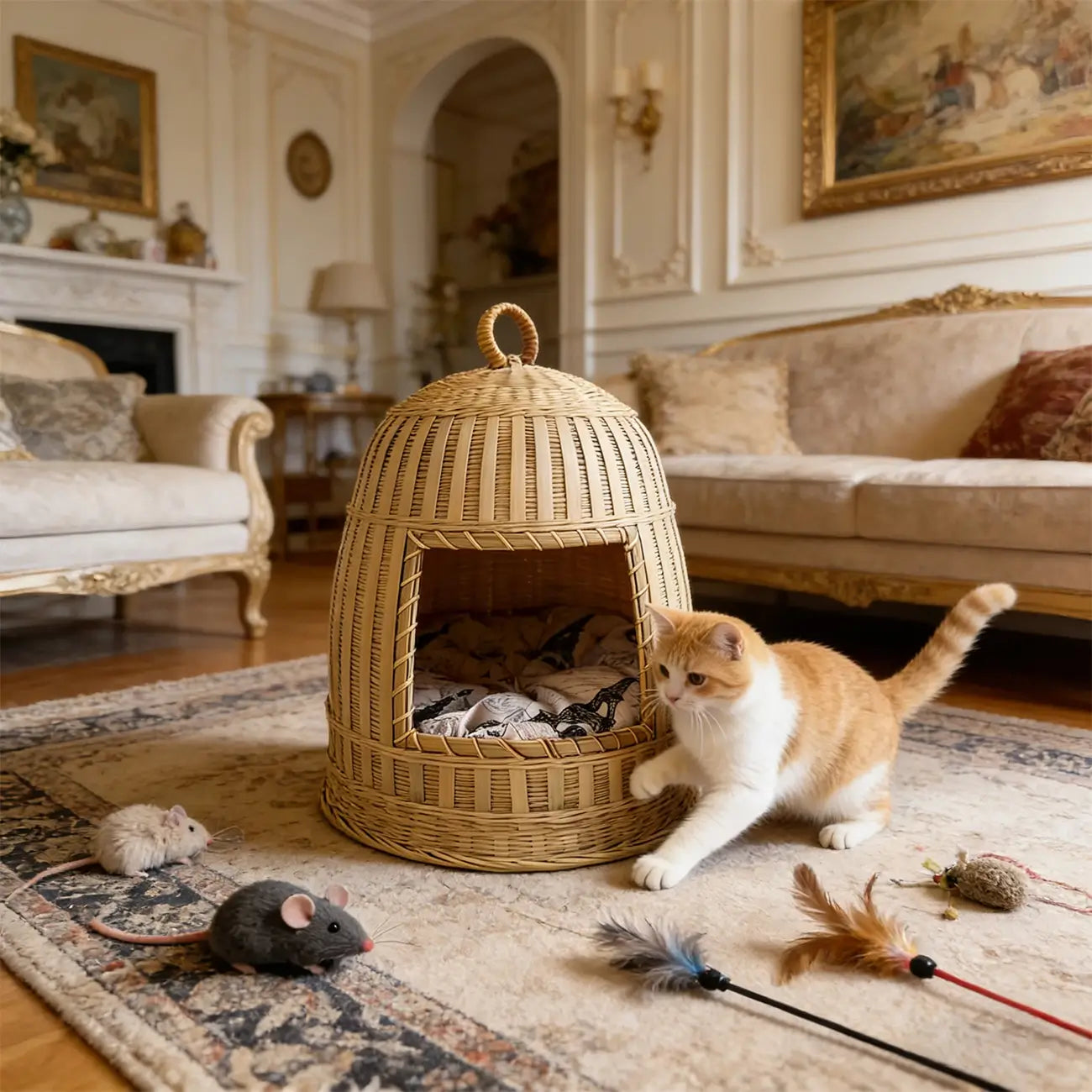 Handmade Bamboo Cat Bed  Enclosed All-Season Pet House with Cushion