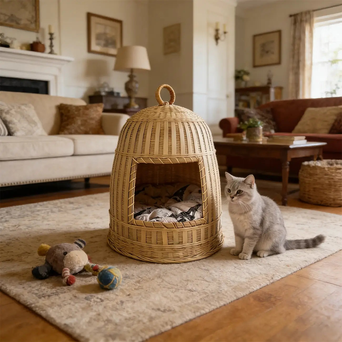 Handmade Bamboo Cat Bed  Enclosed All-Season Pet House with Cushion