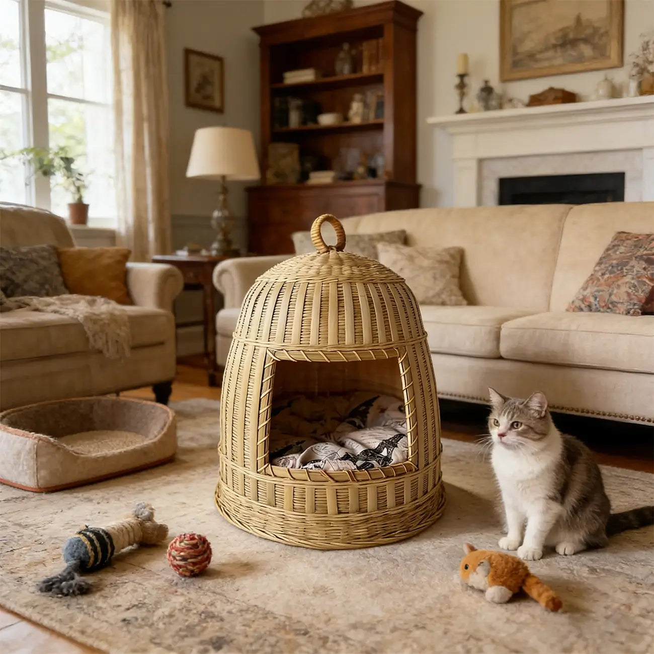 Handmade Bamboo Cat Bed  Enclosed All-Season Pet House with Cushion