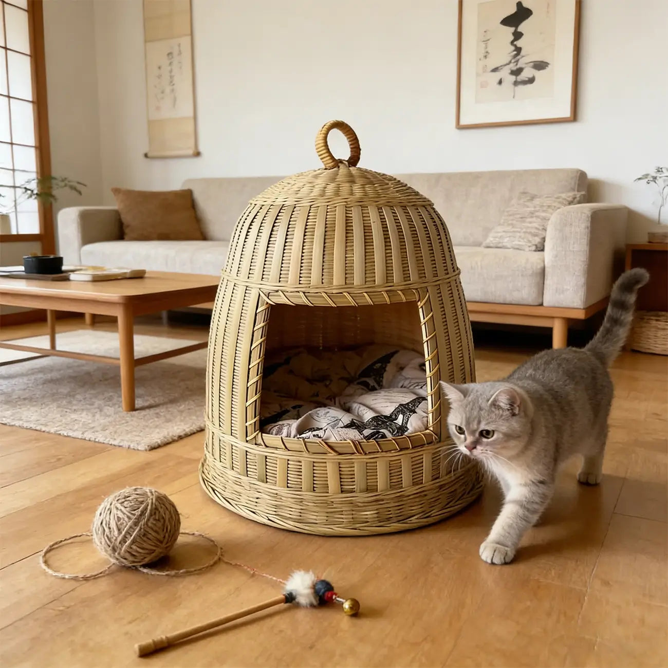 Handmade Bamboo Cat Bed  Enclosed All-Season Pet House with Cushion