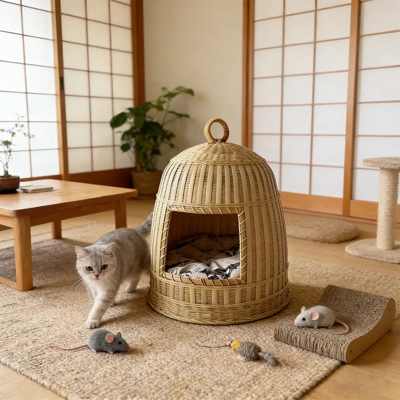 Handmade Bamboo Cat Bed  Enclosed All-Season Pet House with Cushion