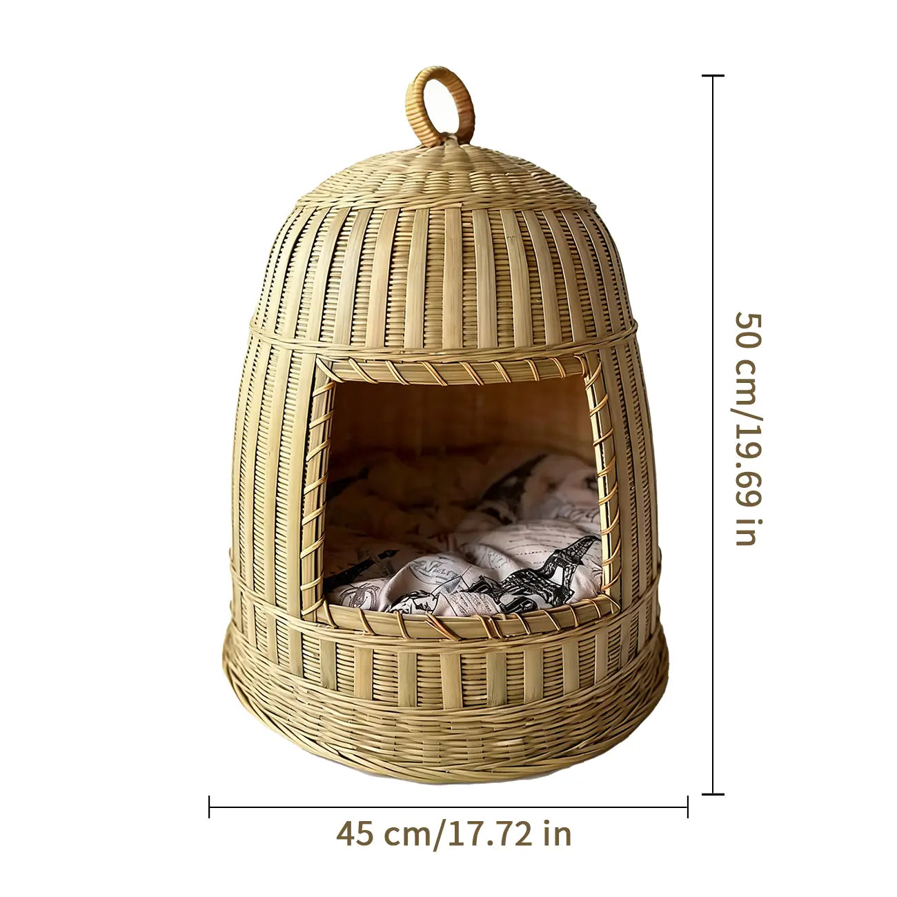 Handmade Bamboo Cat Bed  Enclosed All-Season Pet House with Cushion