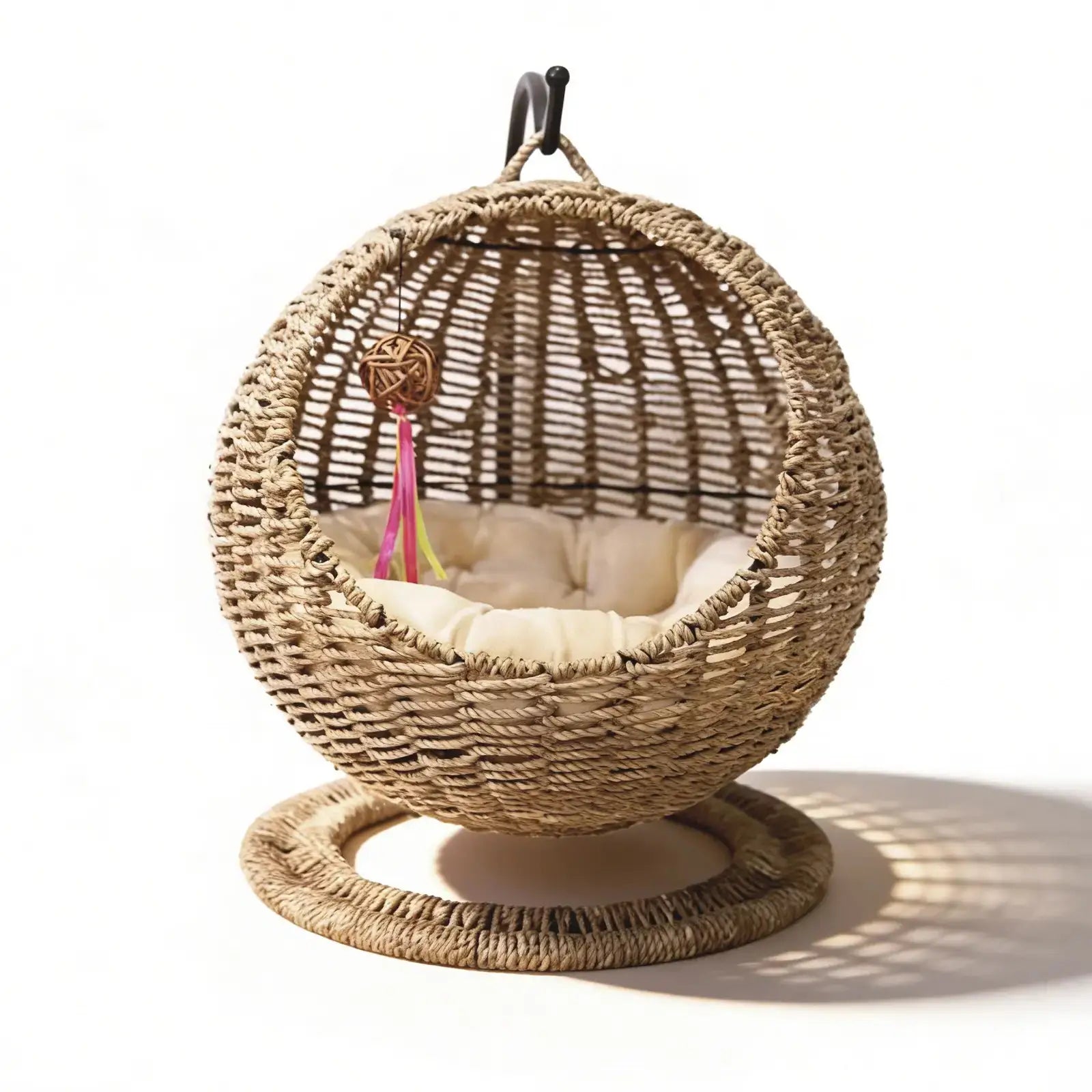 Hanging Seagrass Cat Bed  Elevated Woven Pet Nest with Stand & Cushion