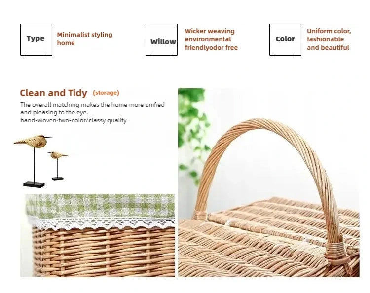 Rattan Portable Outdoor Picnic Fruit & Vegetable Basket with Lid