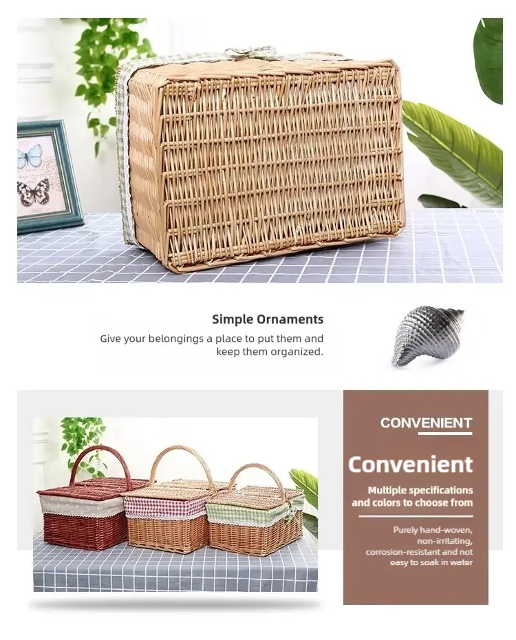 Rattan Portable Outdoor Picnic Fruit & Vegetable Basket with Lid