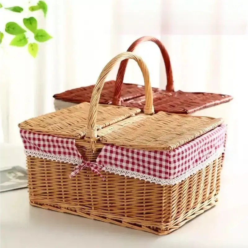 Rattan Portable Outdoor Picnic Fruit & Vegetable Basket with Lid