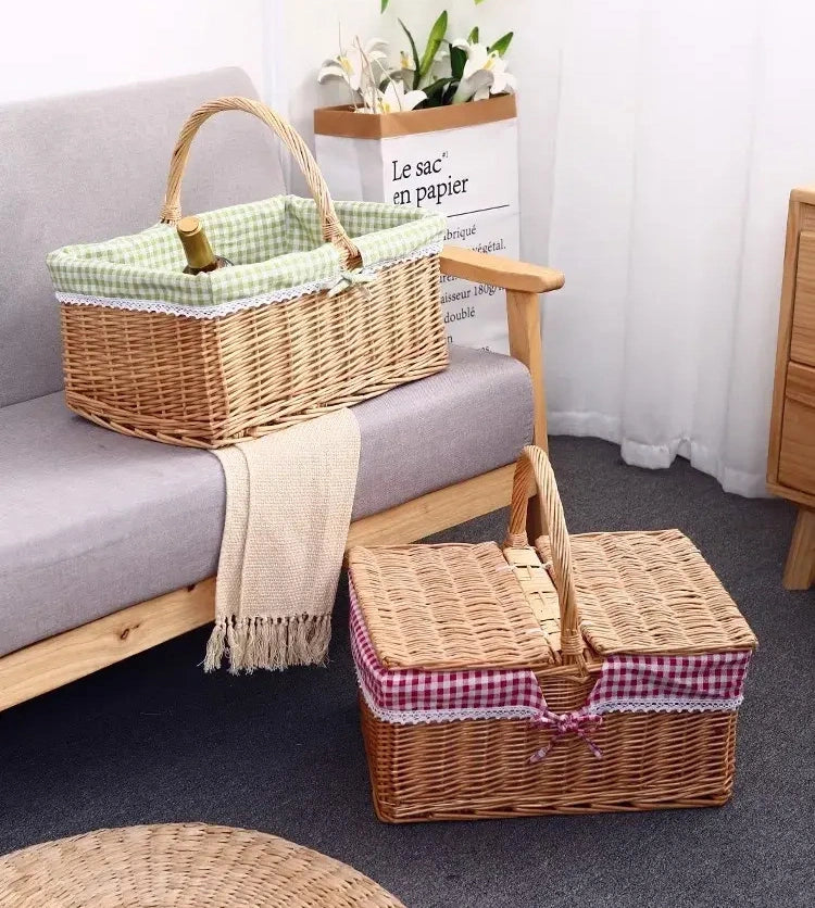 Rattan Portable Outdoor Picnic Fruit & Vegetable Basket with Lid
