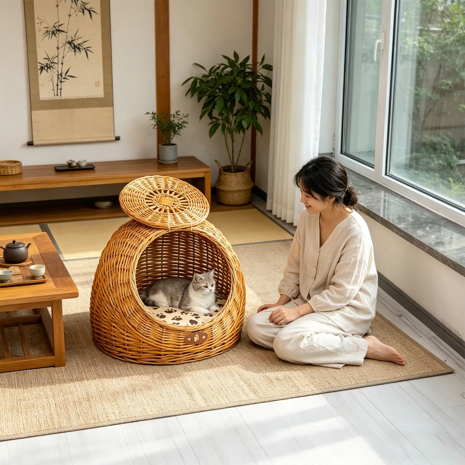 Wicker Pet Carrier with Lid  2-in-1 Cat & Dog Bed for Car Travel & Home Use