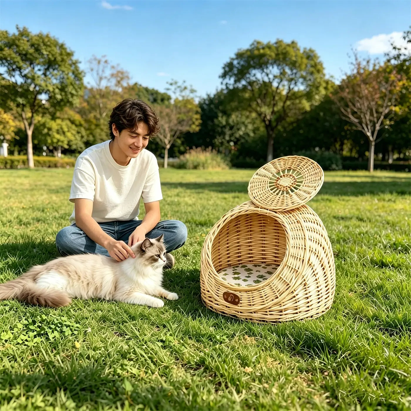 Wicker Pet Carrier with Lid  2-in-1 Cat & Dog Bed for Car Travel & Home Use