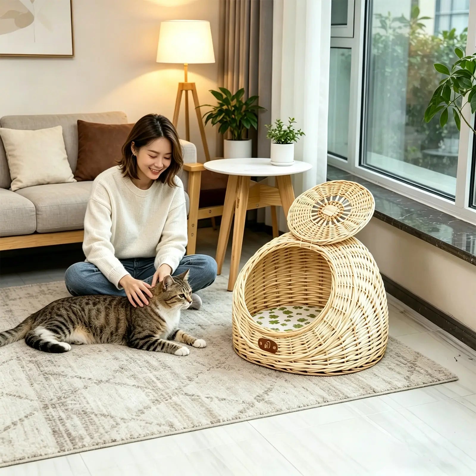 Wicker Pet Carrier with Lid  2-in-1 Cat & Dog Bed for Car Travel & Home Use