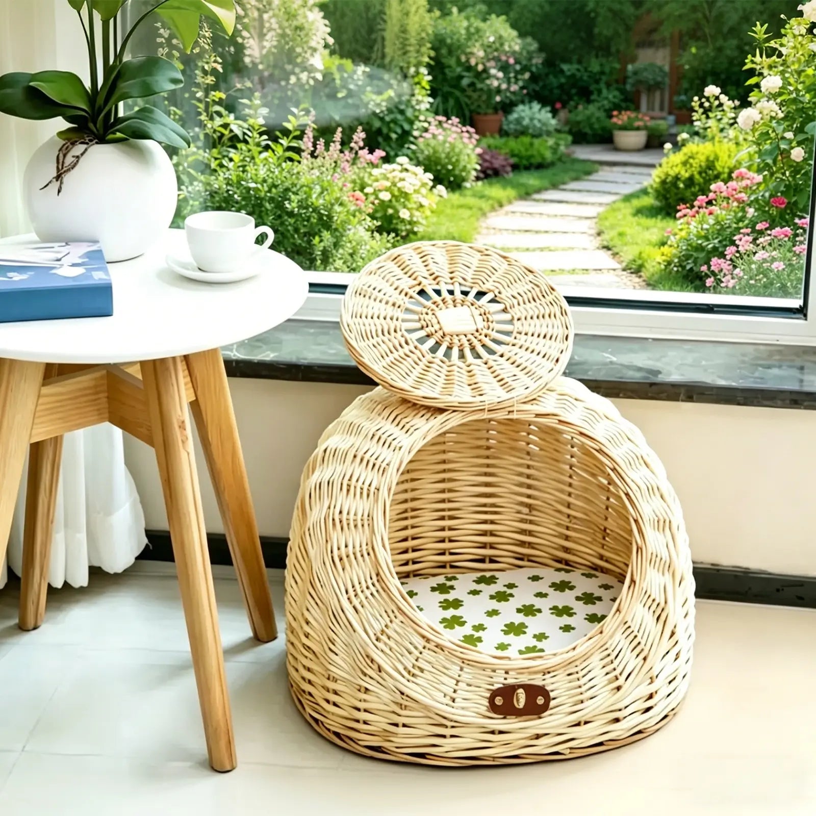 Wicker Pet Carrier with Lid  2-in-1 Cat & Dog Bed for Car Travel & Home Use